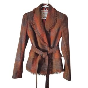 Anthropologie Cartonnier Sophie Plaid Tweed Wrap Style Belted Blazer Boho